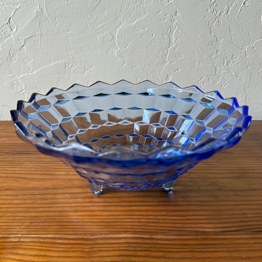 Vintage Indiana Glass Whitehall Blue Glass Bowl | 10" Footed Sawtooth Edge - Picture 15 of 15